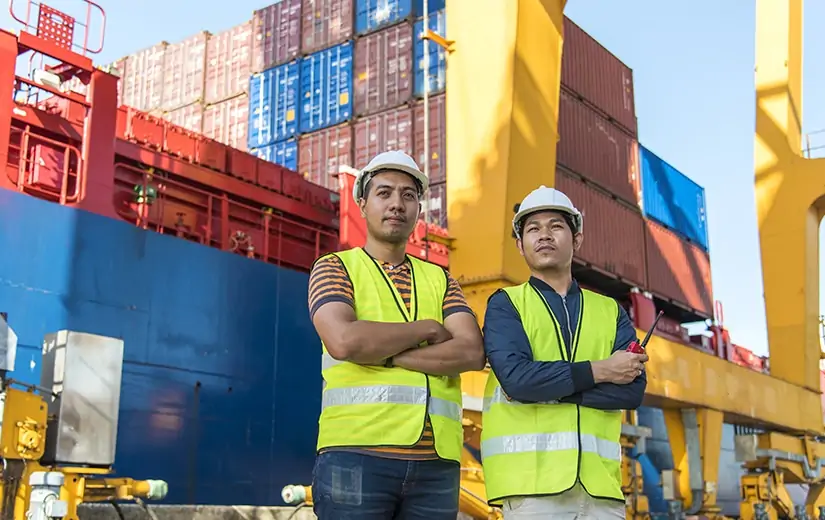 Two employees in front of various shipping containers
