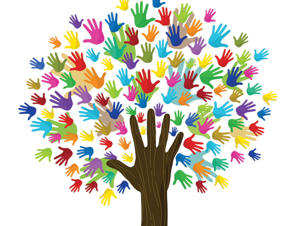 Logo with multicoloured hands creating a diagram of a tree